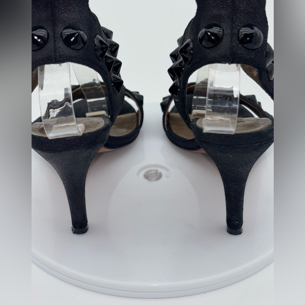 CYNTHIA VINCENT Black Strappy Heel Shoe Studded Hook Loop Sexy Ankle Wedding 6.5 - Picture 6 of 10